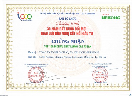 VIETSENSE TRAVEL ĐÓN NHẬN VINH DANH TOP 100 SẢN PHẨM - DỊCH VỤ CHẤT LƯỢNG CAO ASEAN