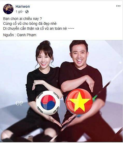 Gia đình Hàn – Việt: Trấn Thành với Hari Won chia phe cổ vũ bán kết ASIAD 2018 - Ảnh 1 Gia đình Hàn – Việt: Trấn Thành với Hari Won chia phe cổ vũ bán kết ASIAD 2018 - Ảnh 1