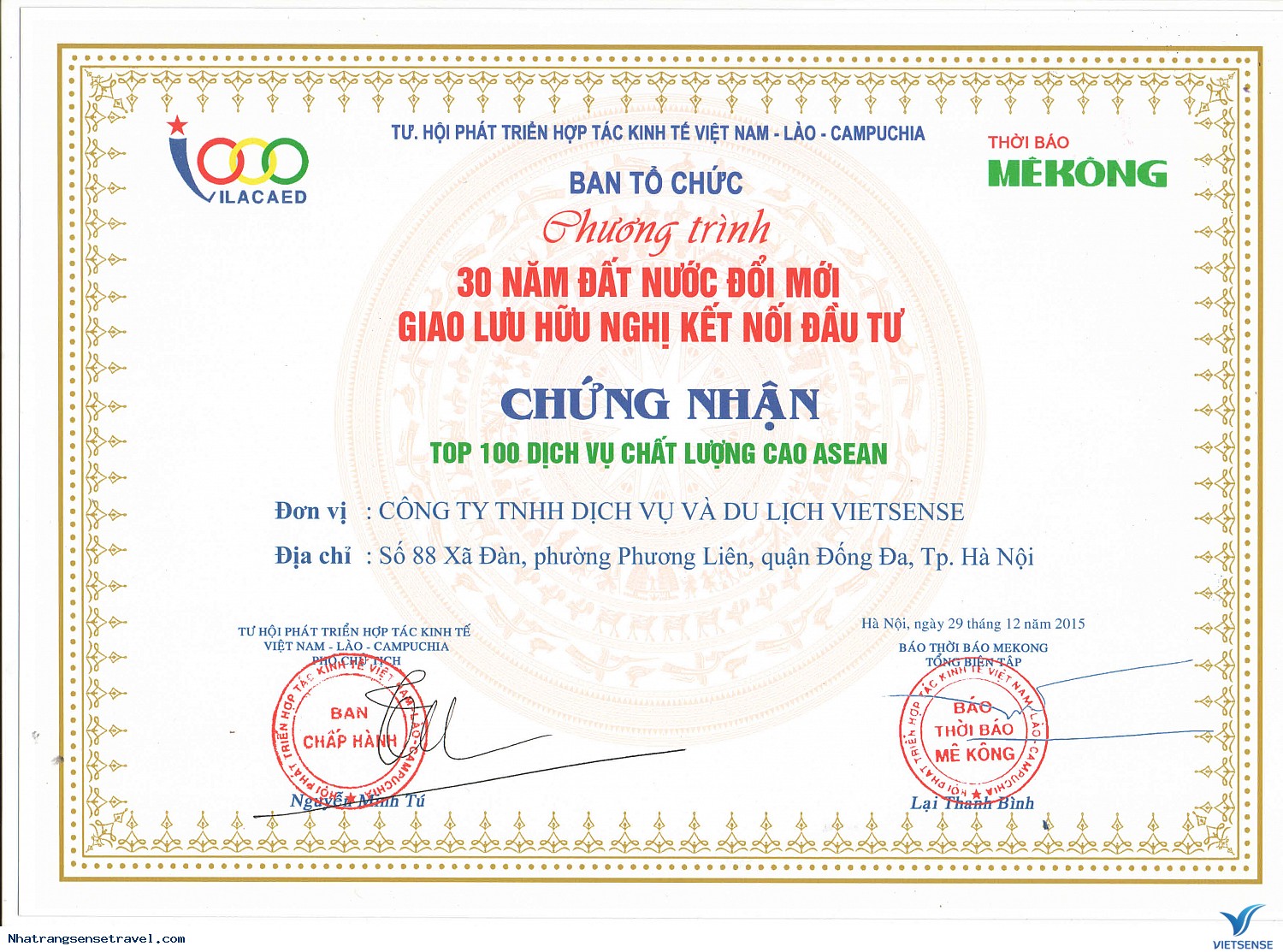 VIETSENSE TRAVEL ĐÓN NHẬN VINH DANH TOP 100 SẢN PHẨM - DỊCH VỤ CHẤT LƯỢNG CAO ASEAN - Ảnh 1 VIETSENSE TRAVEL ĐÓN NHẬN VINH DANH TOP 100 SẢN PHẨM - DỊCH VỤ CHẤT LƯỢNG CAO ASEAN - Ảnh 1